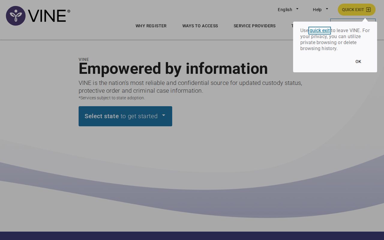 VINELink state selection and custody service entry screen