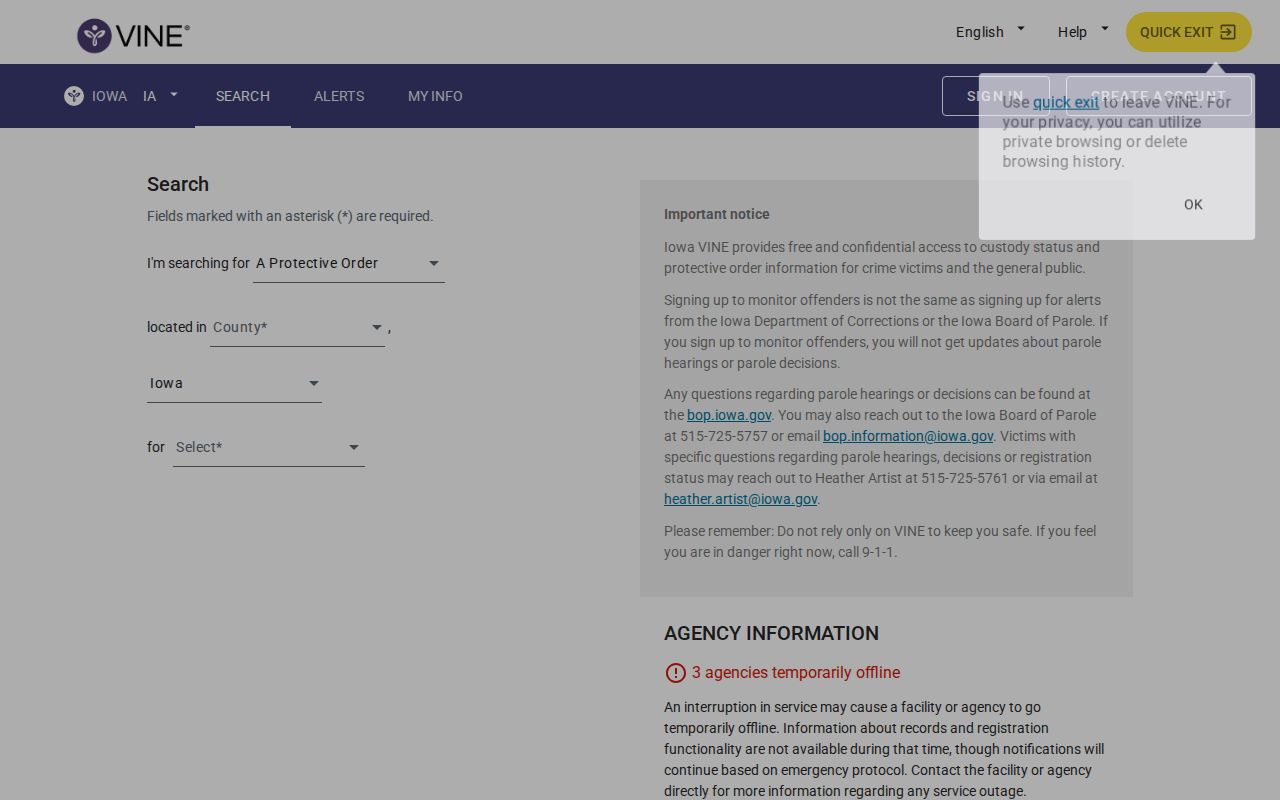 IowaVINE person custody search interface for Iowa